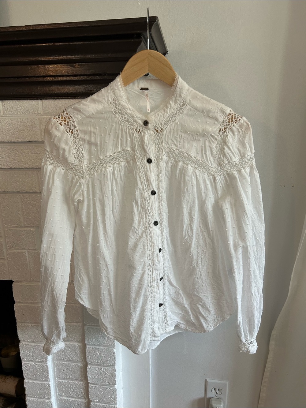 Free People White Swiss Dot Crochet Trim Button-Front Blouse - Picture 4 of 9